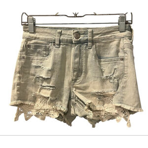 American Eagle Hi Rise Shortie Super Stretch Denim Shorts Size 2 Lace Pockets
